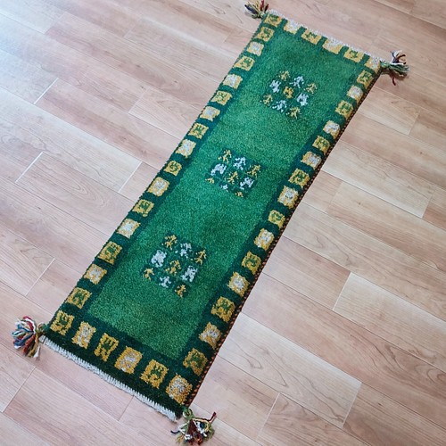 ペルシャ絨毯 ギャッベ ミニランナー 116×40 緑 タイル カーペット 