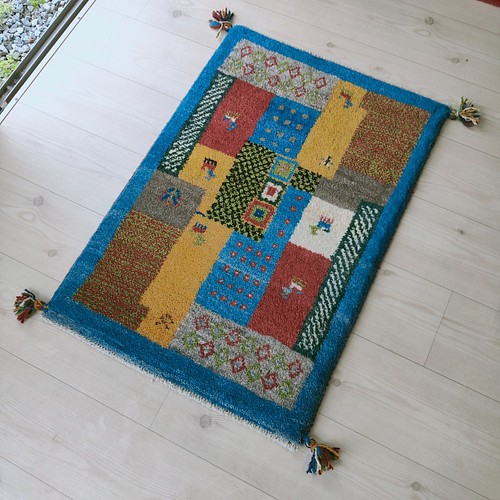 ペルシャ絨毯 ギャッベ ブル― パネル柄 玄関マット 90×62cm カーペット 