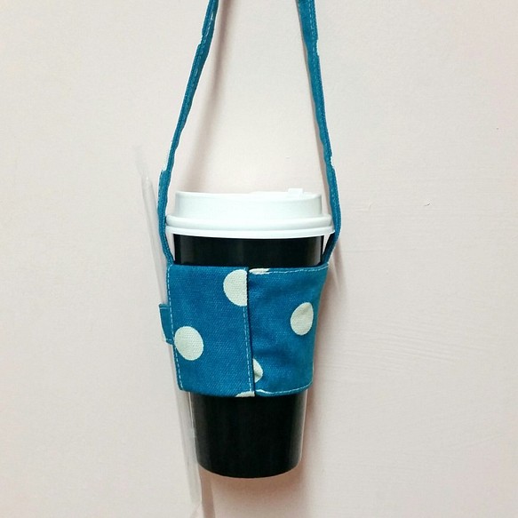 水玉點點環保飲料杯提袋(土耳其藍) 防潑水材質 可愛 簡單 可收納 輕巧 方便 好攜帶 第1張的照片