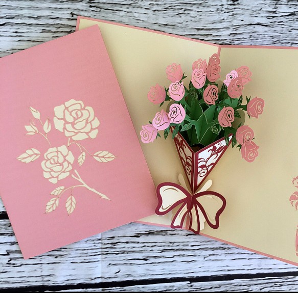 可愛い 手作り切り紙ポップアップメッセージカードピンクローズ 花束 バラブティックナチュラル Lancasterdentistry Net