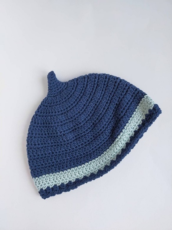 セール中☆どんぐり帽子 Lサイズ　お肌に優しいコットン100％　出産祝いにも使えます♪編み帽子♪青・ネイビー 1枚目の画像
