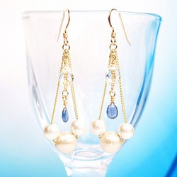 [14kgf]水晶和藍寶石棉珍珠耳環 第1張的照片