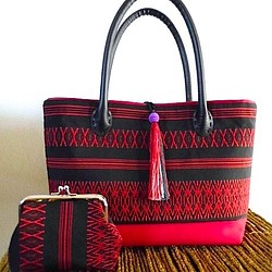博多織名古屋帯・トートバッグ・赤と黒・ポーチ付き 1枚目の画像