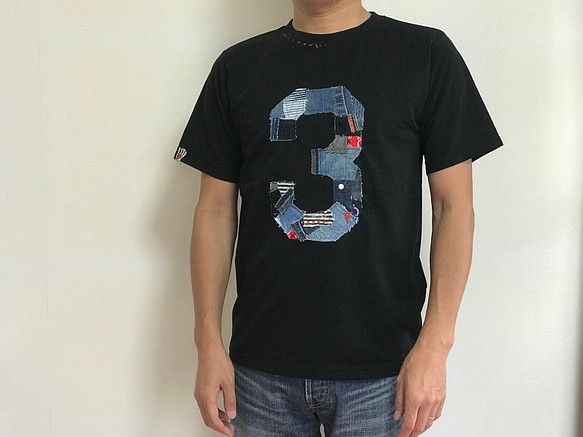 【送料無料】デニム リメイク ハンドメイド リサイクルコットン 半袖Tシャツ 1枚目の画像