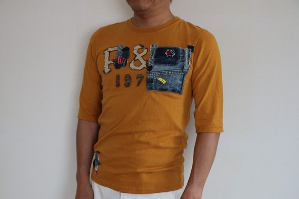【送料無料】デニム リメイク ハンドメイド 古着Tシャツ180503 1枚目の画像
