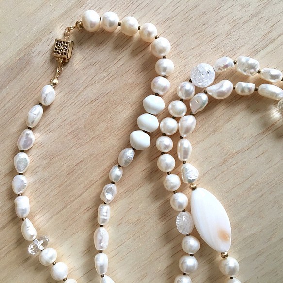 14kgf/Freshwater Pearl×Shell×Crystal ロングネックレス | paygility.com