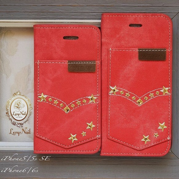 【iPhone】金星鉚釘☆復古風格紅色牛仔風格筆記本式錶殼 第1張的照片