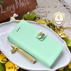 【iPhone 5 / 5sSE·6 / 6s】珍珠寶石☆明星喜歡寶石流蘇錶帶，柔和的綠色筆記本外殼 第1張的照片