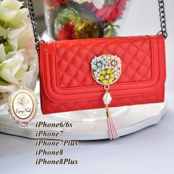 免費送貨[iPhone8 / 7/8 / 7Plus / 6 / 6s]珍珠花朵Bijoux♡紅肩鏈 第1張的照片