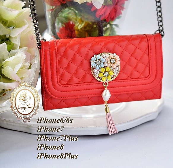 免費送貨[iPhone8 / 7/8 / 7Plus / 6 / 6s]珍珠花朵Bijoux♡紅肩鏈 第1張的照片
