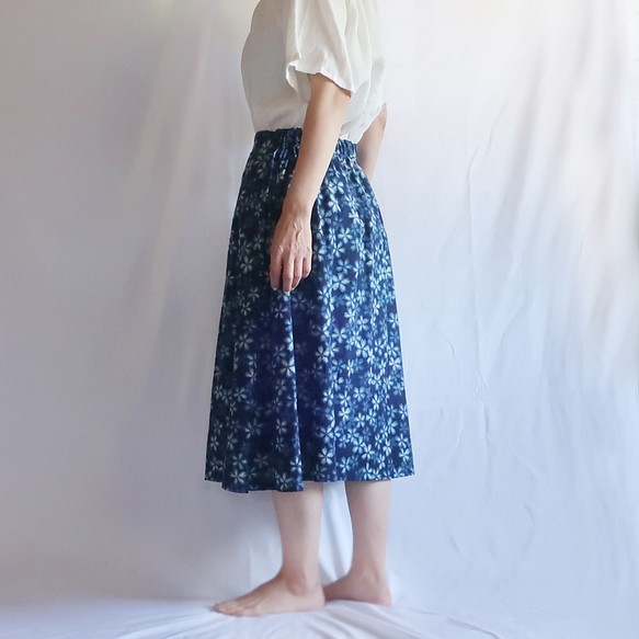 100％棉6件Ha紗膝蓋喇叭裙（自由/藏青色日系圖案） 第1張的照片