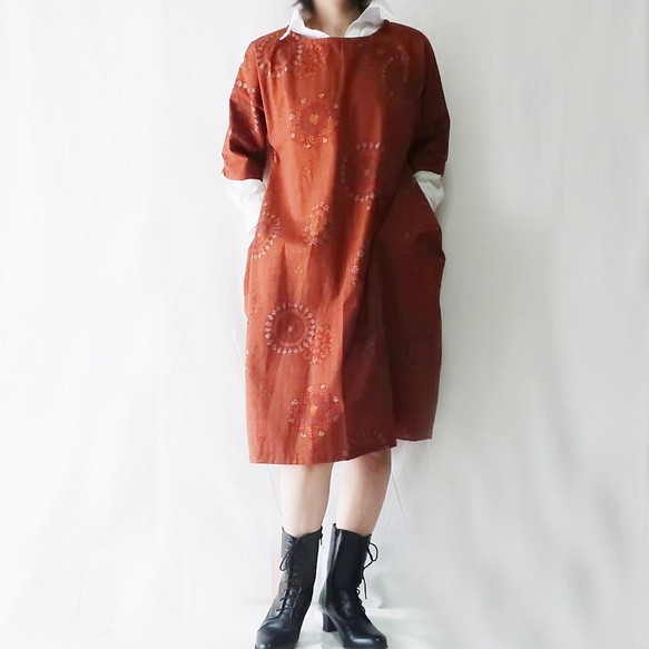 100% 棉吊袋連衣裙 5 袖（免費/燒橙色日式） 第1張的照片