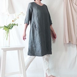 亞麻100％側邊連衣裙（免費/灰綠色） 第1張的照片
