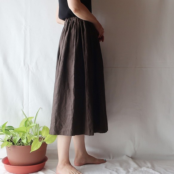 100% 亞麻褶皺裙褲（自由/深棕色） 第1張的照片