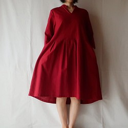 亞麻棉質立領連衣裙（免費/紅色） 第1張的照片