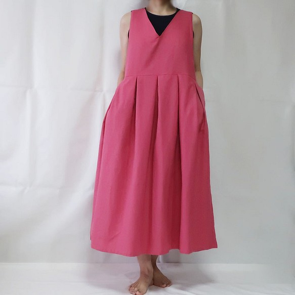 半麻V領套頭裙（自由/粉色） 第1張的照片