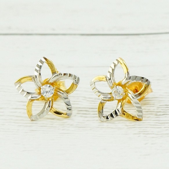 14K透かしプルメリアピアス（Yellow Gold/White Gold) ハワイアン ...