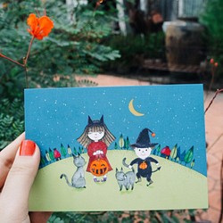 【3枚選べるポストカード・送料無料】三日月の夜の猫　ハロウィン　額入り　イラストカード 1枚目の画像