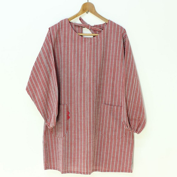 彦太謹製 縞織り 会津木綿 かっぽう着 ホームウェア 上着 赤 kappougi1986 1枚目の画像