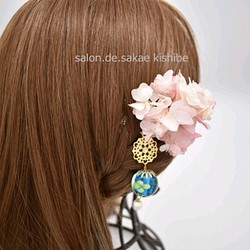 トンボ玉と紫陽花の髪飾り 1枚目の画像