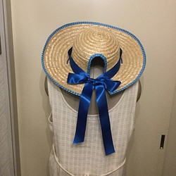 ポニーテール用麦わら帽子　「blu(青)」リボン　ハット 1枚目の画像