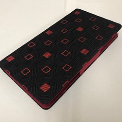 博多織オリジナルスマホカバー11 八寸なごや帯 高級生地 スクエアチェック 黒赤 1枚目の画像