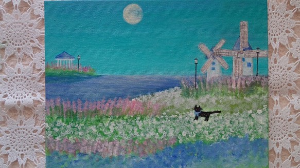 風車と花畑(原画)《額縁付き、送料無料》 1枚目の画像