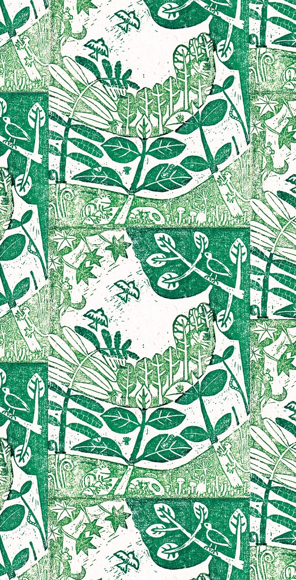 シルク100ストール　77×160㎝　ワイド＆セミロング　木版画「カンタービレ」(グリーン)の連続模様　タペストリーにも 1枚目の画像