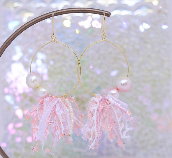 &lt;嚓〜HANABI耳環〜&gt;漸變棉珍珠粉紅× 第1張的照片