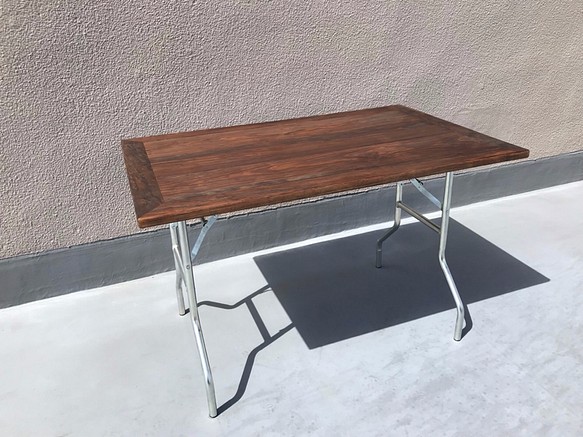 ワークテーブル 無垢材 アンティーク仕上げ　米国製折り畳みスチール脚　 サイズオーダー可能