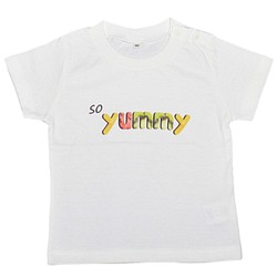 「９０サイズ　soyummy ロゴT」　子供服、cotton100、プリントT、食べ物プリント、白T　 1枚目の画像