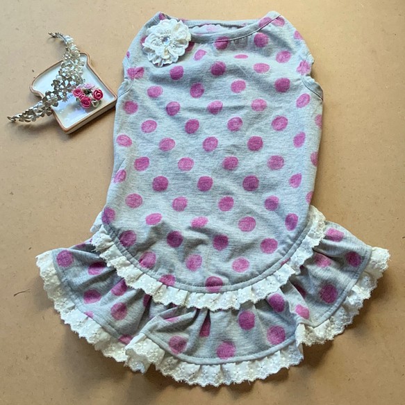 Dogwear RSH 5可愛的棉質花邊希瑟灰色x粉色圓點連衣裙 第1張的照片