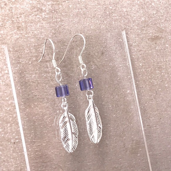 E41014(PURPLE) Feather  925 & Swarovski Crystal Earrings 第1張的照片