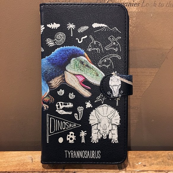 黒革手帳型スマホケース「ティラノサウルス」Lサイズ 1枚目の画像