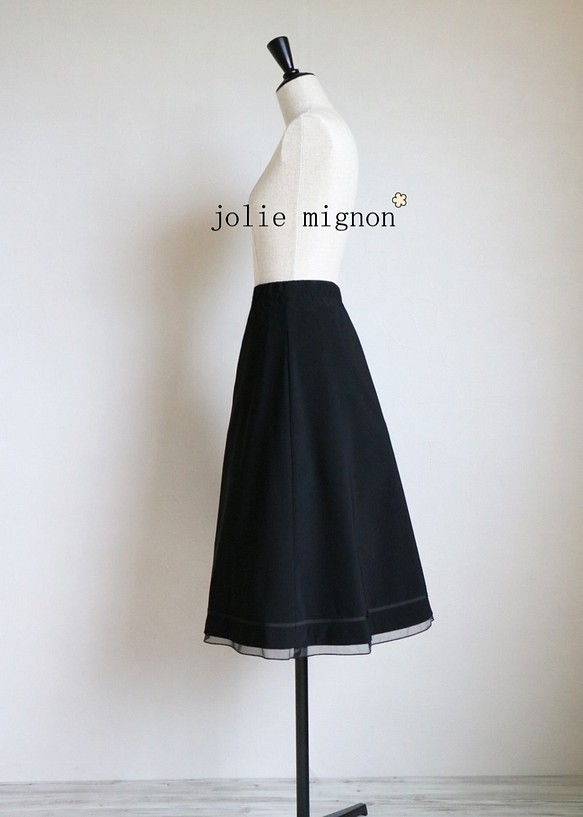 [售罄]羅緞紗薄紗半喇叭彈力半身裙[黑色] [日本製造] 第1張的照片