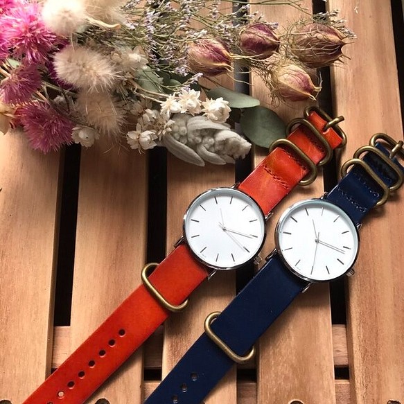 レザーペアウォッチ　腕時計 メンズ レディース　オレンジ×ブルー 1枚目の画像