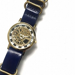 【刻印可能】レザーウォッチ　ゴールド×ブルー　 腕時計 メンズ レディース　 1枚目の画像