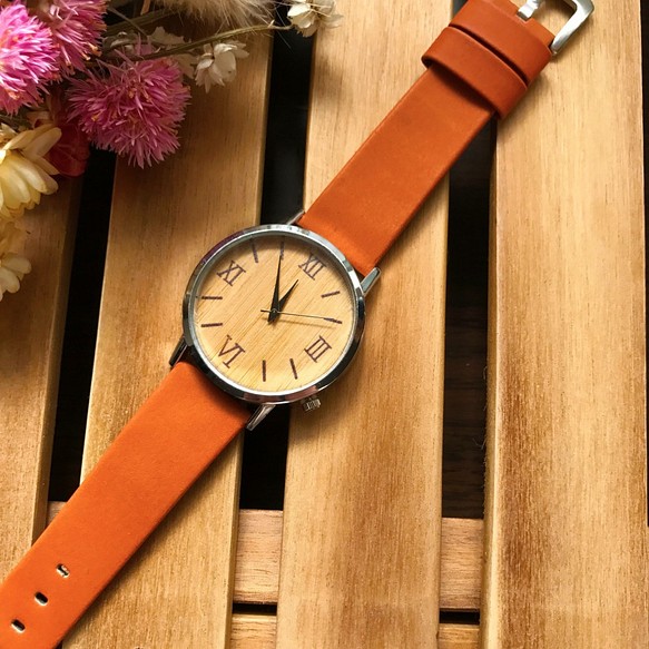 温かみ溢れる木製腕時計】オレンジ 腕時計 メンズ レディース