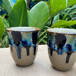 フリーカップ大　青三彩紋　２個セット　タンブラー　カップ　陶器　エドメ陶房　やちむん 1枚目の画像