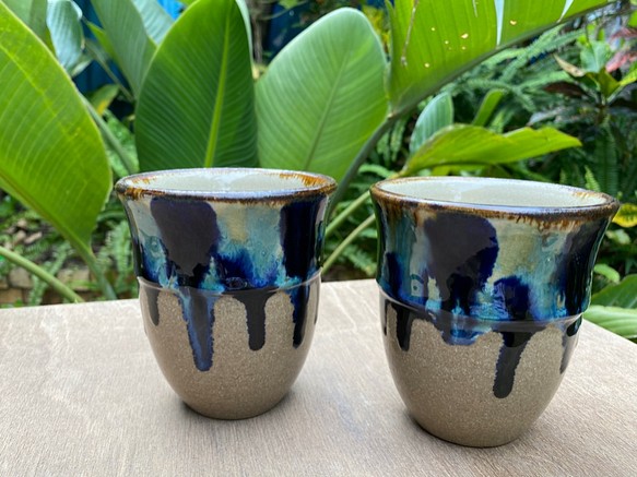フリーカップ大　青三彩紋　２個セット　タンブラー　カップ　陶器　エドメ陶房　やちむん 1枚目の画像