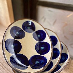 【アウトレット】オーバル皿　青丸紋　３枚セット　やちむん　エドメ陶房 1枚目の画像