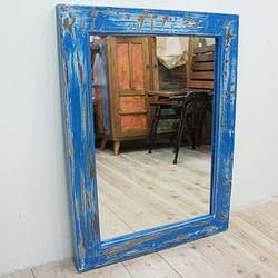 オールドチーク材のミラー 80cm×60cm アンティークブルー 青色 壁掛け鏡 チーク無垢材フレーム 古材 古木 1枚目の画像