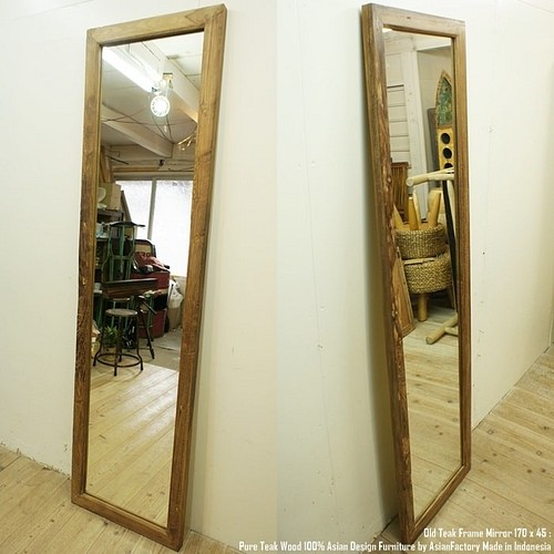 アンティーク風 姿見鏡 ミラー 床置き・壁掛け 鏡 無垢 木枠 