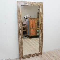 オールドチーク材のミラー 130cm×60cm WW 姿見鏡 ホワイトウォッシュ 無垢材フレーム 古木 ハンドメイド 1枚目の画像