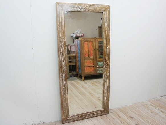 オールドチーク材のミラー 130cm×60cm WW 姿見鏡 ホワイトウォッシュ 無垢材フレーム 古木 ハンドメイド 1枚目の画像