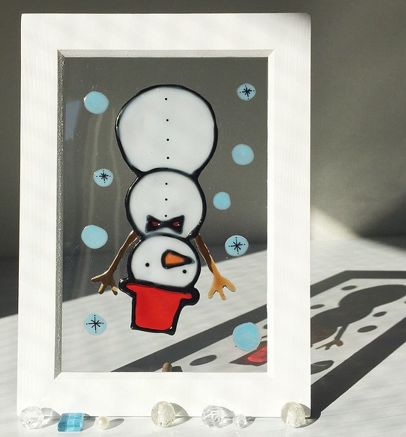 「いたずらっこスノーマン」ステンドグラス 風 1ページ絵本（豆本付）雪 雪の結晶 クリスマス 冬 雪だるま ガラス絵の具 1枚目の画像