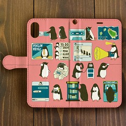 【iPhone11Pro対応】ペンギン・スマートフォン ピンク 手帳型スマホケースiPhone用【各機種あります】 1枚目の画像