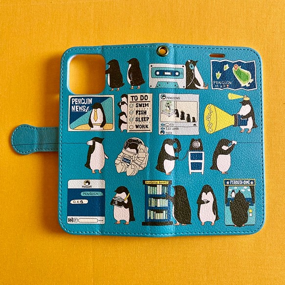 【iPhone11Pro 対応】ペンギン・スマートフォン ブルー手帳型スマホケースiPhone用【各機種あります】 1枚目の画像