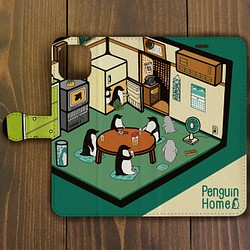 【iPhone 11等対応】ペンギン・ホーム グリーン手帳型 スマホケース  Plus・ XR・ XS Max 1枚目の画像