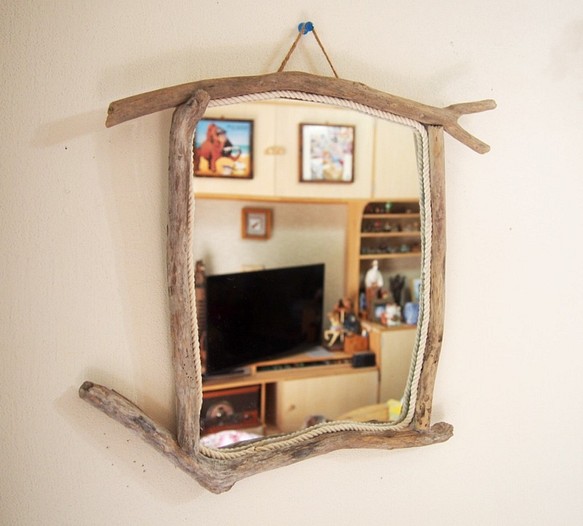 【ミラー・鏡】4way流木枠のインテリア壁掛けミラー　C-3　36cm×36cm 1枚目の画像